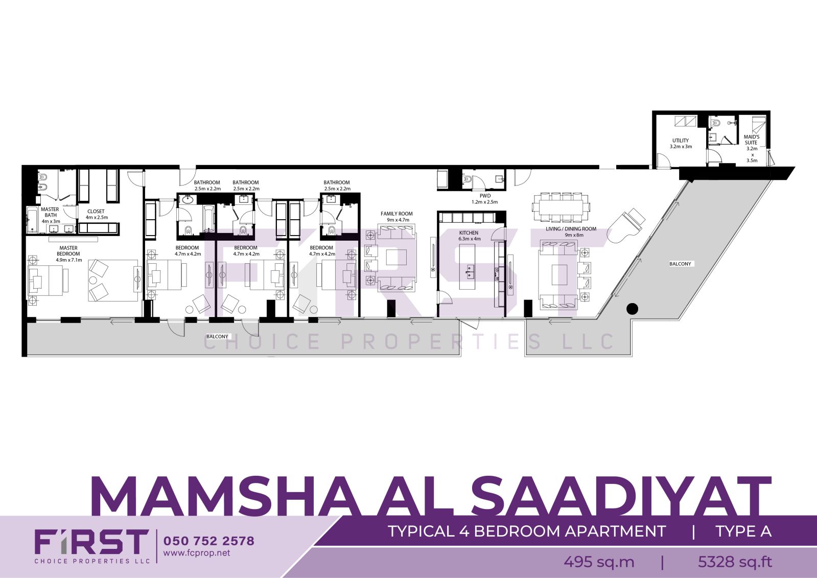 Floor Plan of Typical 4 Bedroom Apartment Type A in Mamsha Al Saadiyat Abu Dhabi UAE 495  sq.m 5328 sq.ft.jpg