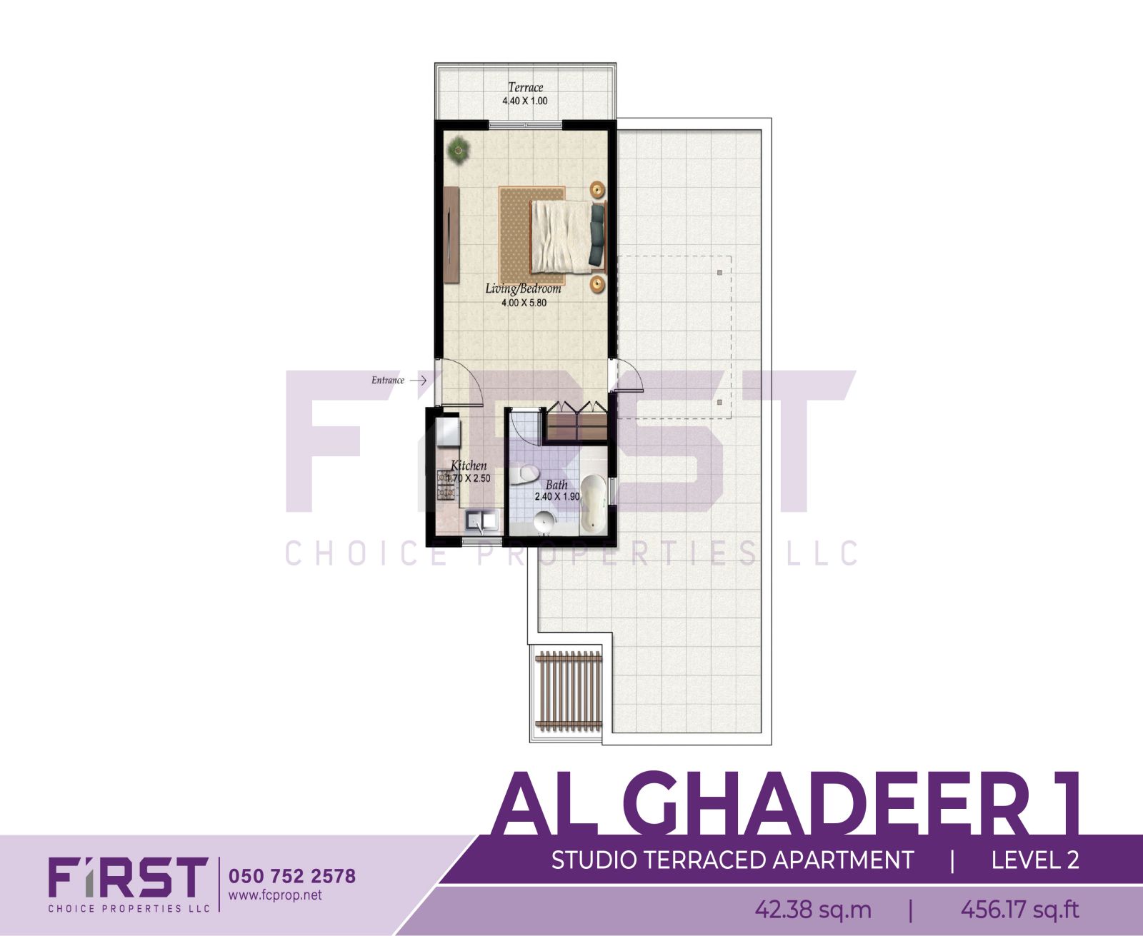 Floor Plan of Studio Terraced Apartment Level 2 in Al Ghadeer Phase 1 Abu Dhabi UAE 42.38 sq.m 456.17 sq.ft.jpg