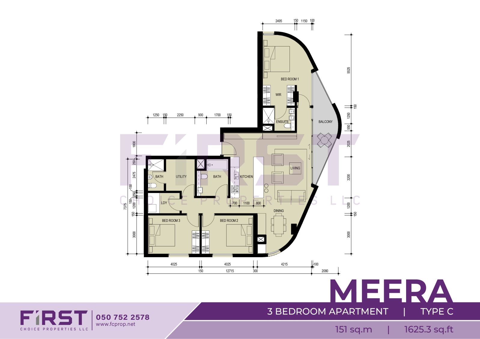Floor Plan of 3 Bedroom Apartment Type C in Meera Shams Al Reem Island Abu Dhabi UAE 151 sq.m 1625.3 sq.ft.jpg