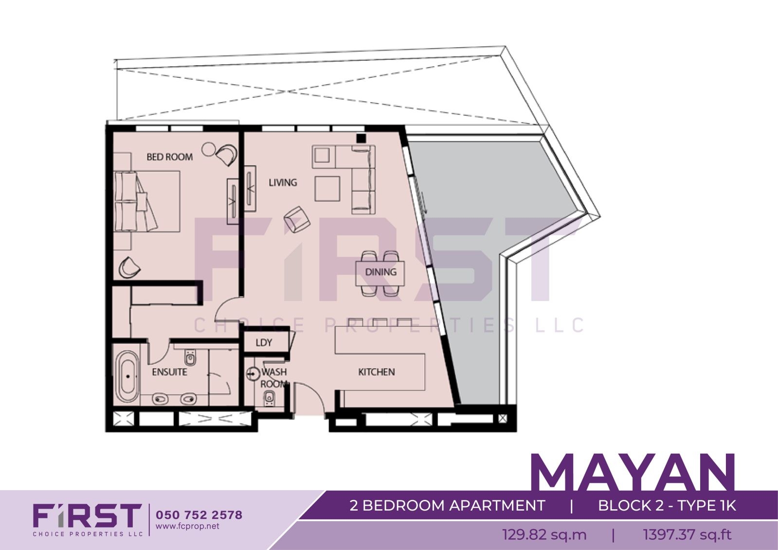 Floor Plan of 2 Bedroom Apartment  Block 2-Type 1K in Mayan Yas Island Abu Dhabi UAE 129.82 sq.m 1397.37 sq.ft.jpg