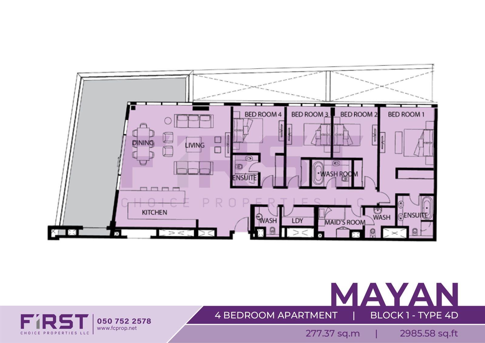 Floor Plan of 4 Bedroom Apartment Block 1-Type 4D in Mayan Yas Island Abu Dhabi UAE 277.37 sq.m 2985.58 sq.ft.jpg