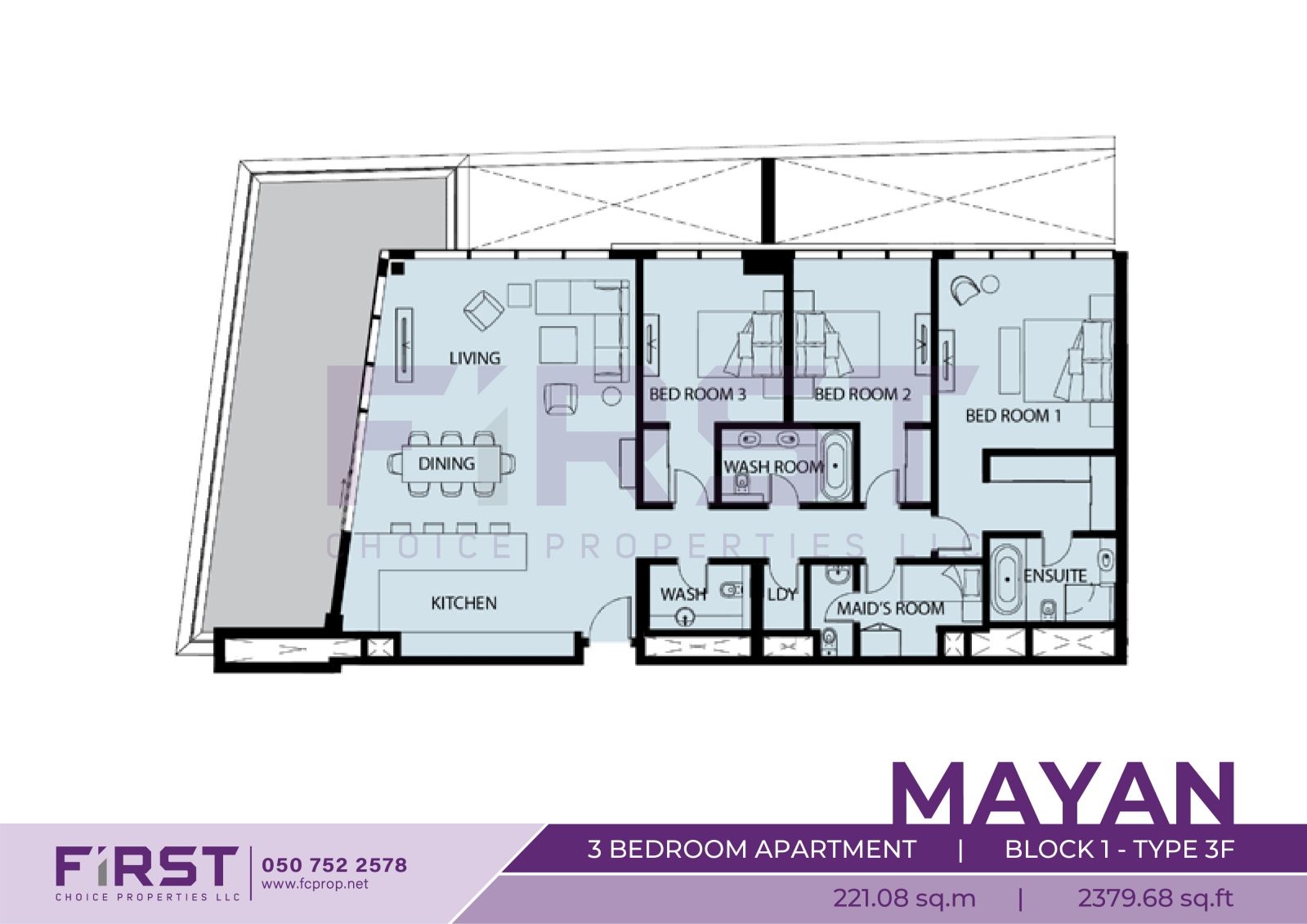 Floor Plan of 3 Bedroom Apartment Block 1-Type 3F in Mayan Yas Island Abu Dhabi UAE 221.08 sq.m 2379.68 sq.ft.jpg