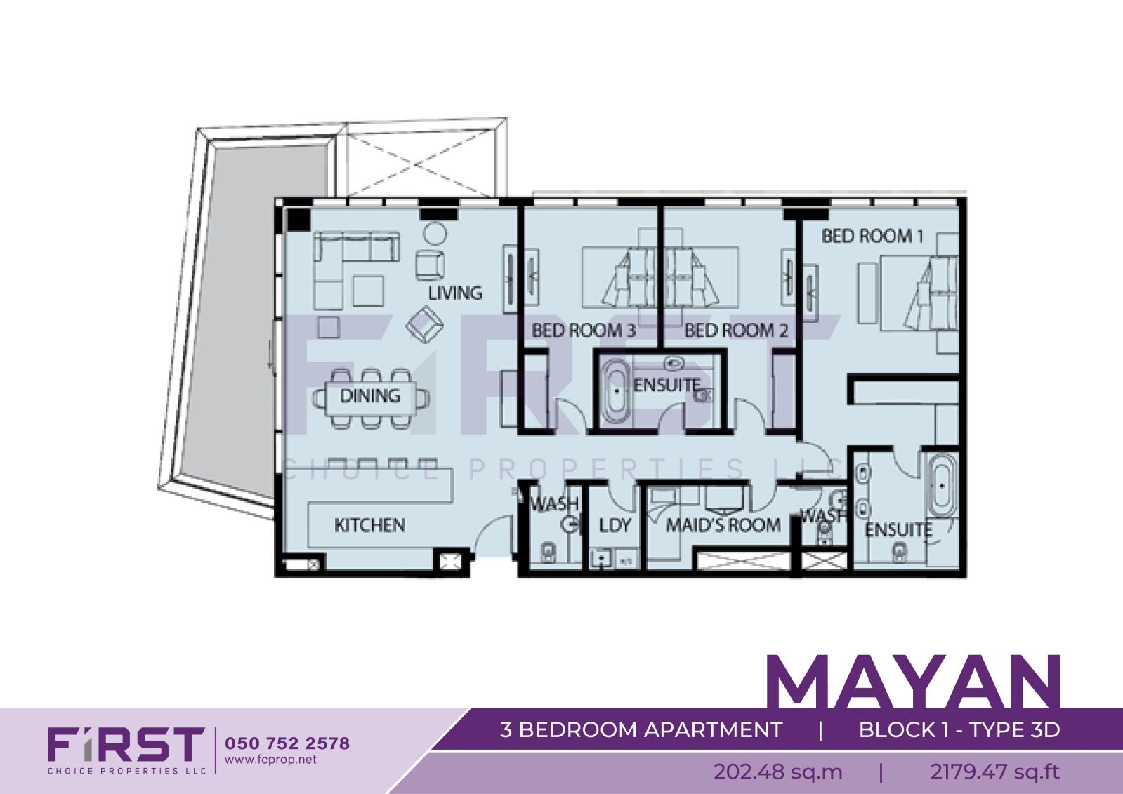 Floor Plan of 3 Bedroom Apartment Block 1-Type 3D in Mayan Yas Island Abu Dhabi UAE 202.48 sq.m 2179.47 sq.ft.jpg
