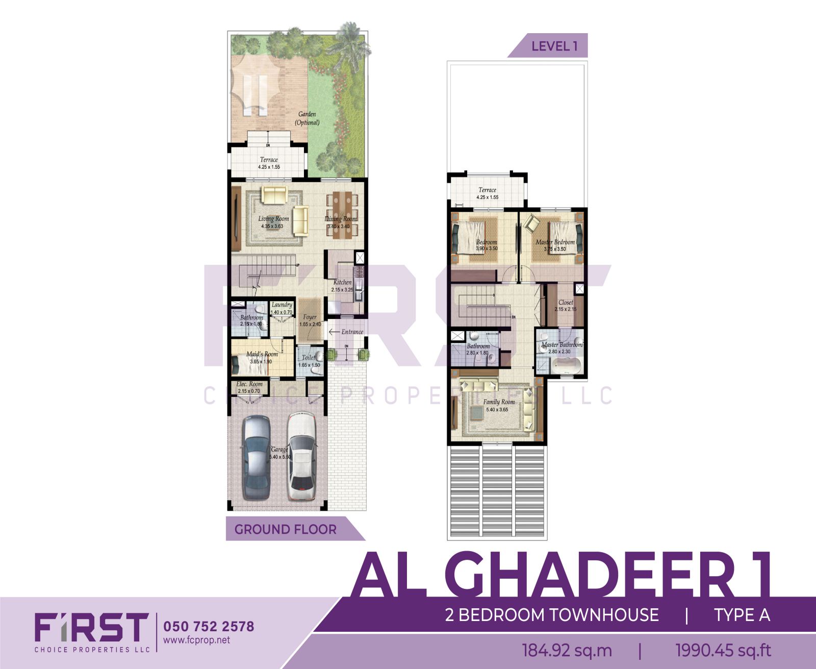 Floor Plan of 2 Bedroom Townhouse  Type A in Al Ghadeer Phase 1 Abu Dhabi UAE 184.92 sq.m 1990.45 sq.ft.jpg