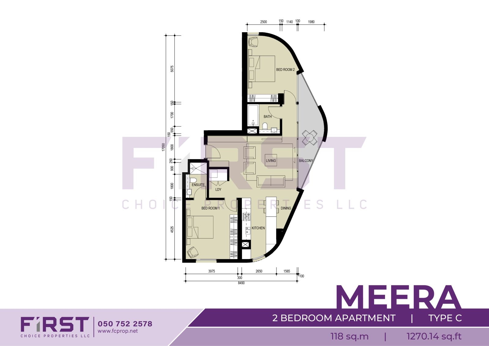 Floor Plan of 2 Bedroom Apartment Type C in Meera Shams Al Reem Island Abu Dhabi UAE 118 sq.m 1270.14 sq.ft.jpg