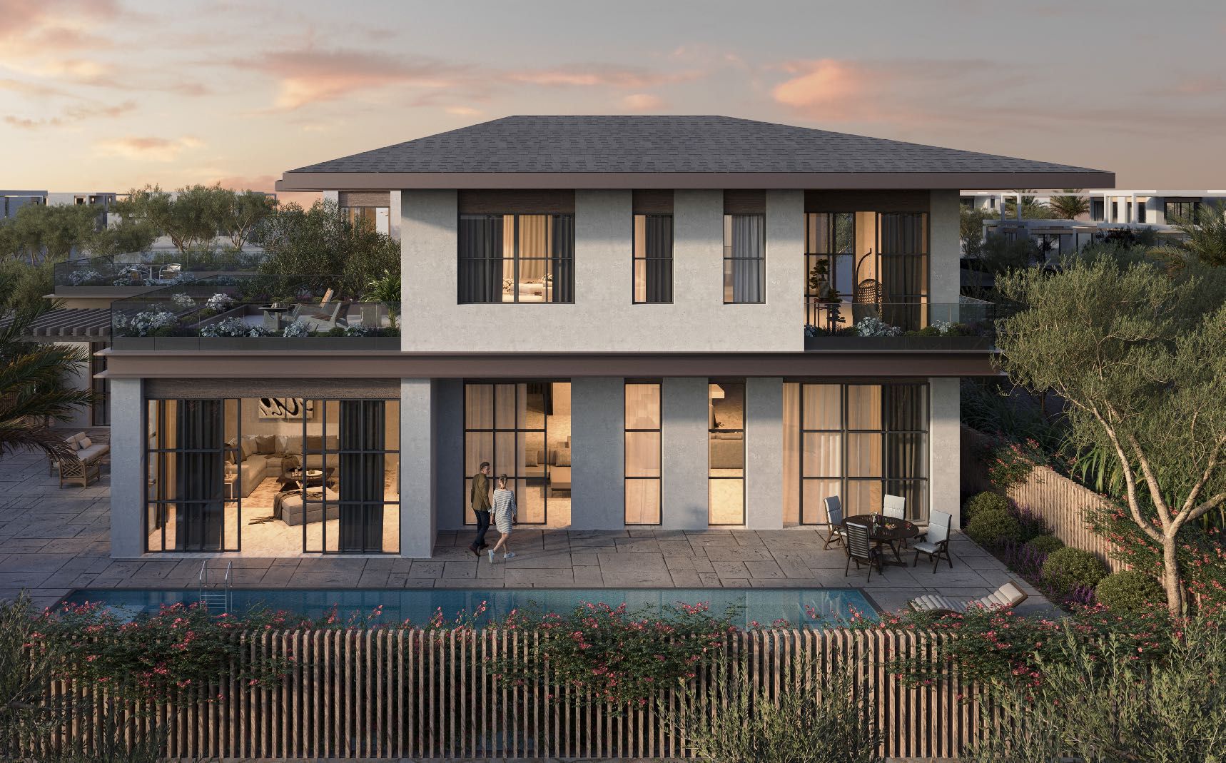 Outdoor terrace and garden space of a 4-bedroom Al Naseem villa overlooking lush landscaping and serene surroundings